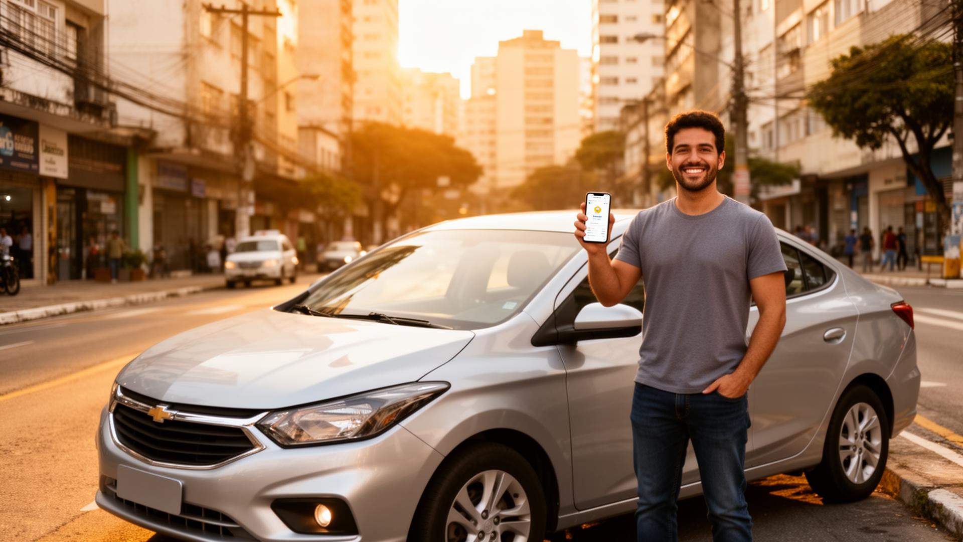 Motorista de aplicativo ao lado de um carro moderno em Londrina
